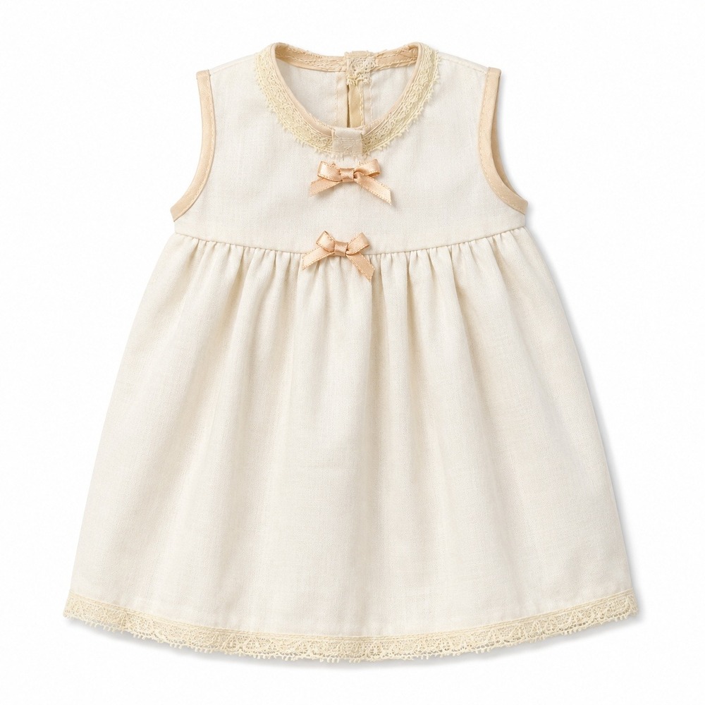 Vintage Doll Dress 12in Cream Good Lace Trim Bow Accessory Outfit Slip